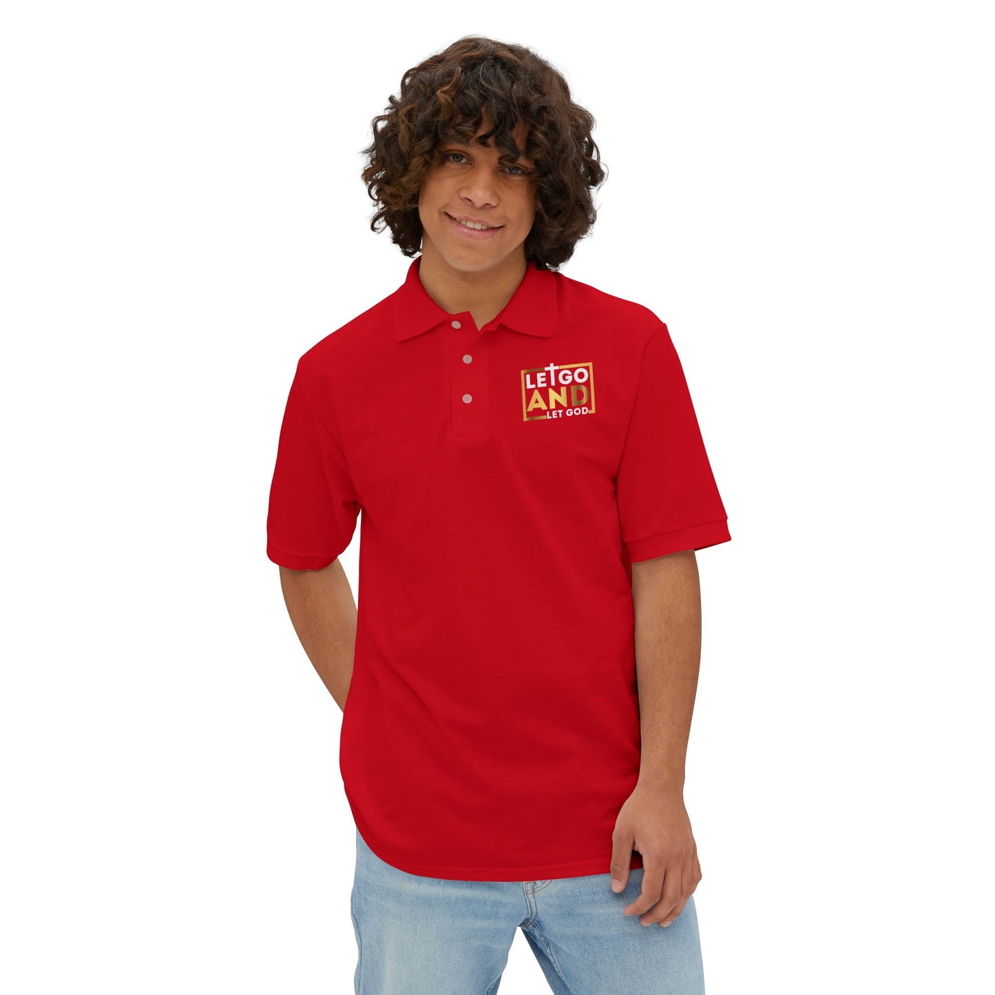 Let go and let God men's Piqué Polo