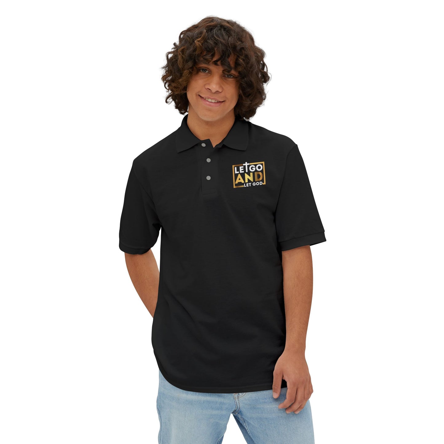 Let go and let God men's Piqué Polo